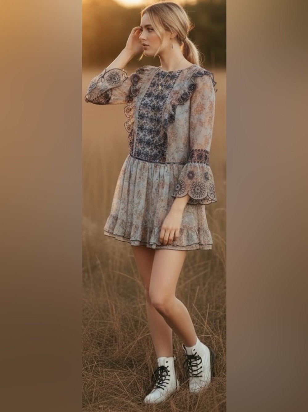 Free People Women Country Roads Mini Dress Embroidered Floral Scalloped Size S